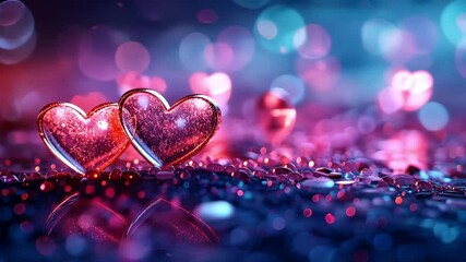 Poster - Two glittery hearts are placed on a shiny surface, surrounded by colorful bokeh lights. The atmosphere is vibrant and romantic, perfect for celebrating love and affection during Valentine's Day.
