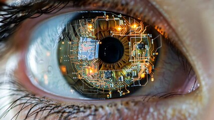 Fototapete - A close-up view reveals a human eye featuring a detailed reflection of complex circuitry, symbolizing the intersection of technology and human perception.