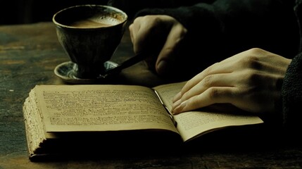 Poster - Hands Reading Ancient Book Beside Coffee Cup