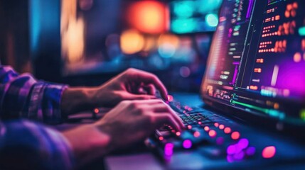 Poster - Hands typing code on a glowing computer keyboard