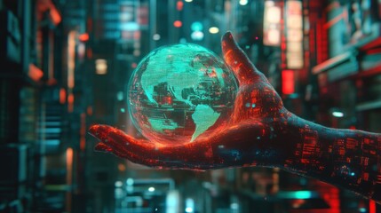 Poster - Robotic Hand Holding Digital Earth Globe Futuristic Cityscape