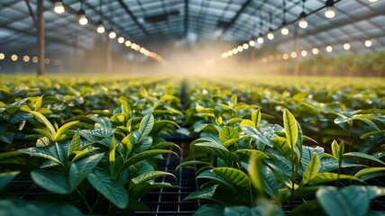 Poster - Rows of vibrant green plants flourish in a spacious greenhouse, illuminated by warm artificial lights. Humidity and care create an ideal growing environment for cultivation.