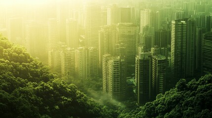 Sticker - City buildings surrounded by lush green trees.