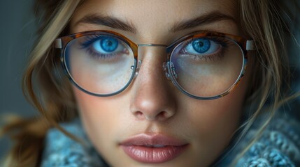 Poster - A close-up portrait of a young woman with striking blue eyes and stylish eyeglasses, showcasing detailed features and a serene expression, evoking a sense of depth and introspection in the gaze