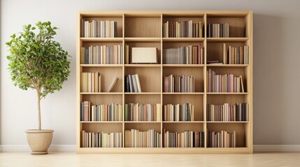 Poster - Wooden bookcase filled with many books and a small plant