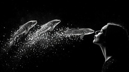 Wall Mural -   A monochrome image of a female blowing bubbles from hand claps on a black backdrop