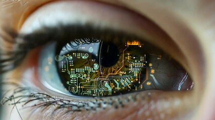 Leinwandbilder - A close-up of a human eye showcases intricate circuit patterns within the iris, symbolizing the fusion of technology and biology. This unique perspective represents advanced AI concepts.