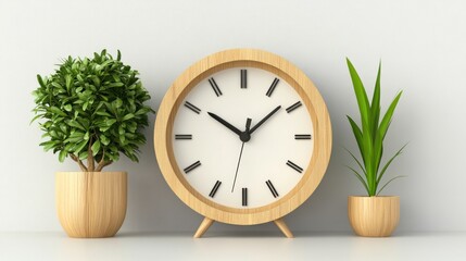 Poster - Wooden Clock Flanked By Two Small Potted Plants