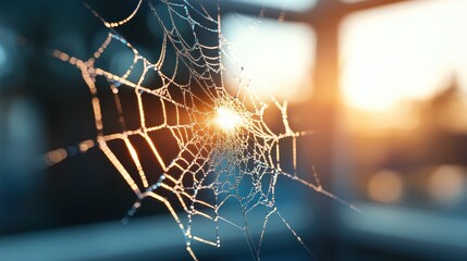 An intricate spider web captured in the soft morning light, showcasing water droplets that reflect the sun, creating a beautiful natural masterpiece.