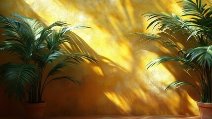 Canvas Print - Sunlight on yellow wall, potted palms.