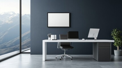 Poster - Modern Minimalist Office Workspace With Mountain View