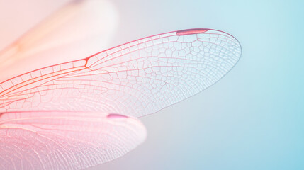 Delicate close-up of translucent dragonfly wings against pastel background