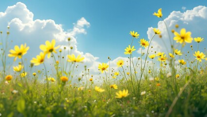 Wall Mural - Vibrant Yellow Flowers Meadow Sunny Sky Spring