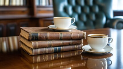 Aufkleber - Antique Books And Coffee Cups Resting On A Polished Table