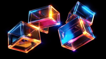 Poster - Glowing Neon Cubes Float In Dark Space