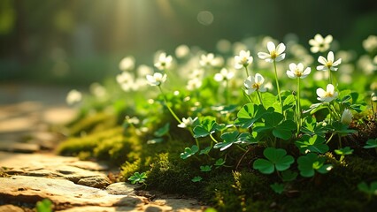 Wall Mural - Stunning White Flowers Blooming in Lush Green Meadow Sunlight