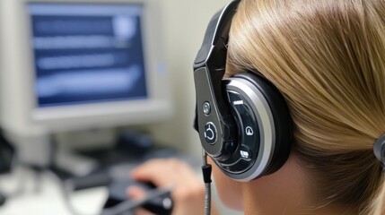 Poster - Woman Wearing Headphones Using Computer Technology