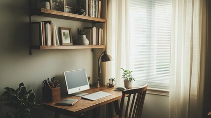 Aufkleber - Sunny Workspace With Wooden Desk And Shelves