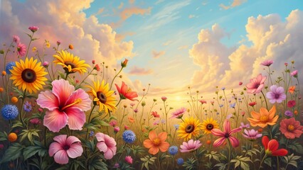 Wall Mural - Vibrant Sunset Wildflower Meadow Painting