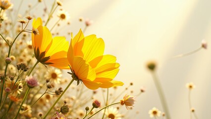 Wall Mural - Vibrant Yellow Cosmos Flowers in Sunny Field