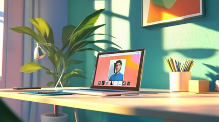 Poster - Modern Laptop Video Conference Home Office Workspace