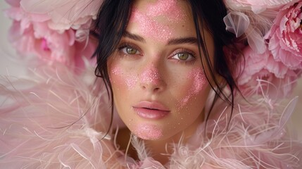 Wall Mural - A woman adorned in elaborate pink floral and feather decorations, her face sprinkled with shimmering glitter, exuding a delicate elegance and ethereal beauty