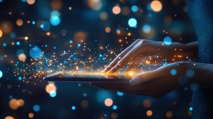 Poster - Hands interact with glowing digital network on tablet