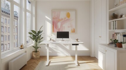 Poster - Modern White Home Office Desk Workspace With Large Windows