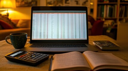 Poster - Laptop Displays Stock Market Data Beside Calculators and Book