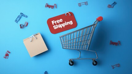 Poster - Shopping Cart Free Shipping Promotion On Blue Background
