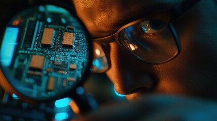 Poster - Technician Carefully Examining Circuit Board Through Magnifying Glass