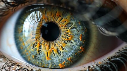 Leinwandbilder - This close-up features a human eye with striking details in 4K resolution. The intricate patterns and vivid colors highlight the beauty and complexity of the iris, framed by delicate eyelashes.