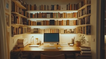 Poster - A Cozy Home Office With Built In Bookshelves And Computer