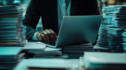 Poster - Person Working Late Surrounded By Stacks Of Documents