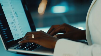 Poster - Woman Works Late Typing On Laptop Computer
