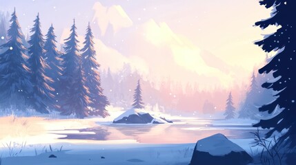 Poster - Serene Winter Landscape With Snowy Mountains And Frozen Lake