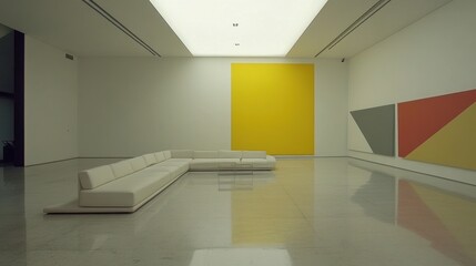 Poster - Modern Gallery Interior With White Sofa and Abstract Art