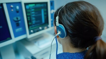 Poster - Woman wearing headphones uses medical diagnostic equipment