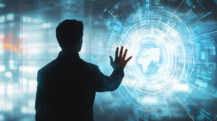 Poster - Silhouette of a businessman interacting with a holographic global interface, showcasing technological advancements and future business strategies