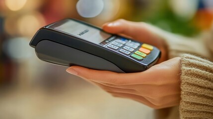Aufkleber - Woman holding a modern contactless payment device