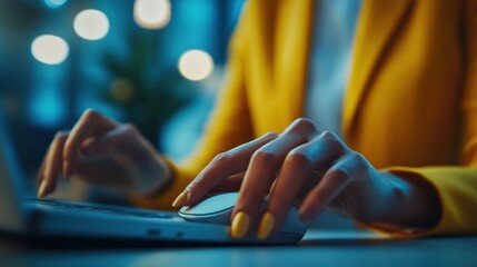 Poster - Woman Uses Laptop Computer Mouse At Night
