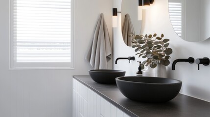 Poster - Modern minimalist bathroom with black sinks and white cabinetry