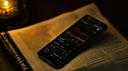 Poster - Smartphone displaying stock market data rests on an open book