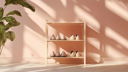 Poster - Wooden Shoe Rack Holds Pairs Of Beige Flats Against Pink Wall