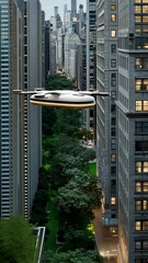 Poster - A drone transports packages through a vibrant city, flying above lush greenery and towering buildings under bright skies