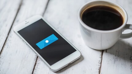 Poster - Smartphone displays new message notification near coffee cup