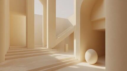 Poster - Minimalist Beige Architecture With Steps And Sphere