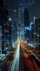 Wall Mural - Futuristic cityscape at night with intricate digital data streams and modern urban elements