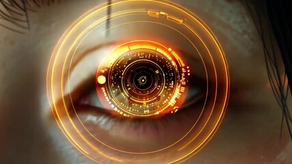 Leinwandbilder - An artificial eye displays intricate circuit patterns and glowing symbols, emphasizing the fusion of human vision and advanced technology. The vivid colors highlight innovation and AI.