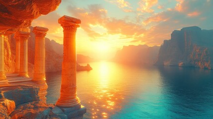 Canvas Print - Sunset over ancient columns by the sea.